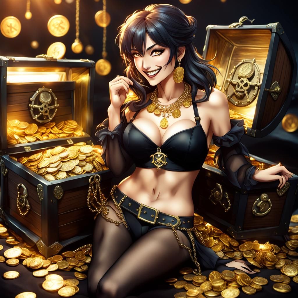 Pirate Woman Posing with Treasure Chest in Manga Style