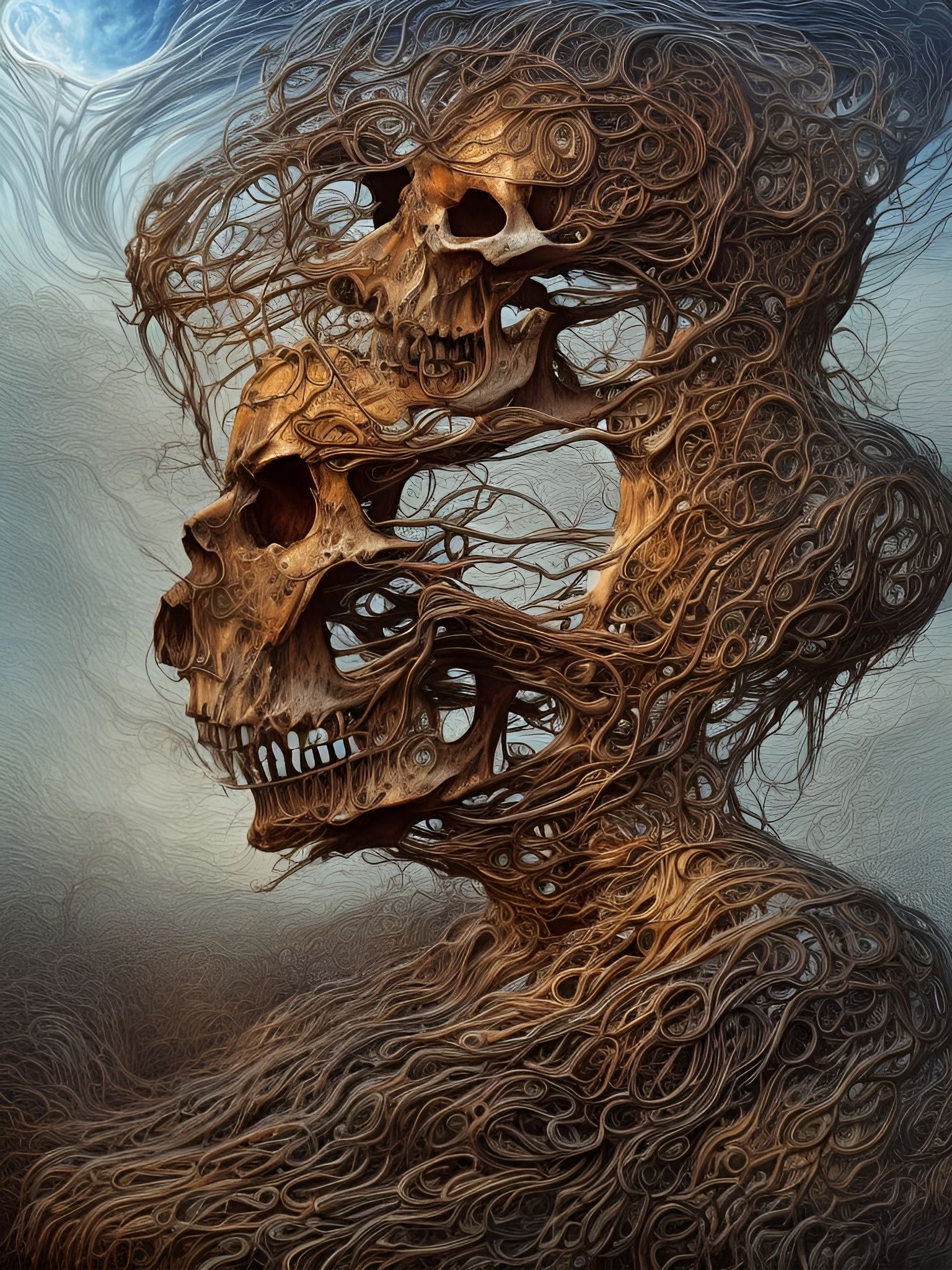 Surreal Skull with Flowing Energy: Digital Illustration
