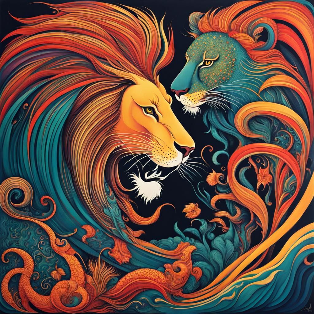 Lion Attacks Mermaid in Abstract Art Style