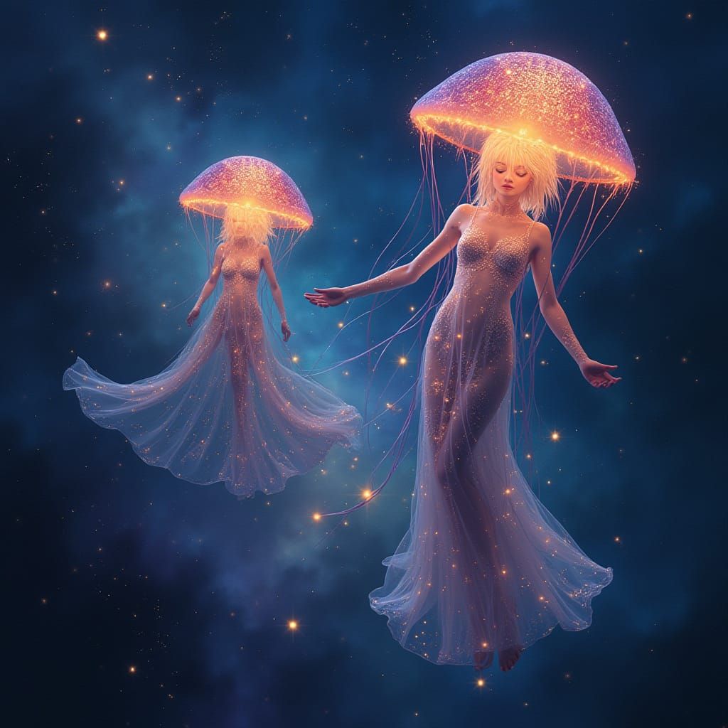 Celestial Jellyfish Waltz in Starry Nebula