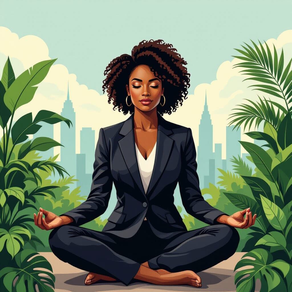 Dark-Skinned Woman in Yoga Pose with Cityscape