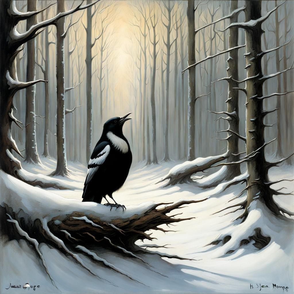 Gothic Dreamcore Magpies in Winter Forest
