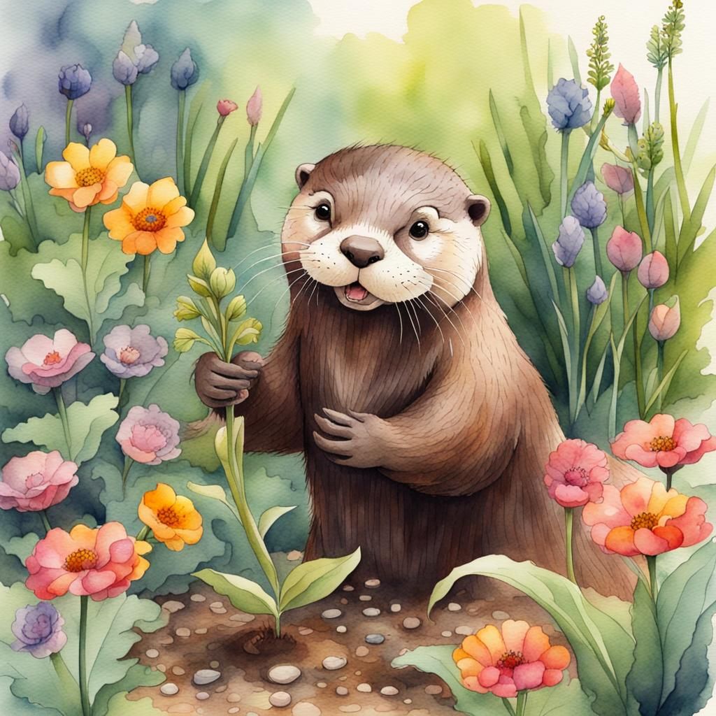 Happy Otter Planting Flower in Watercolor Style