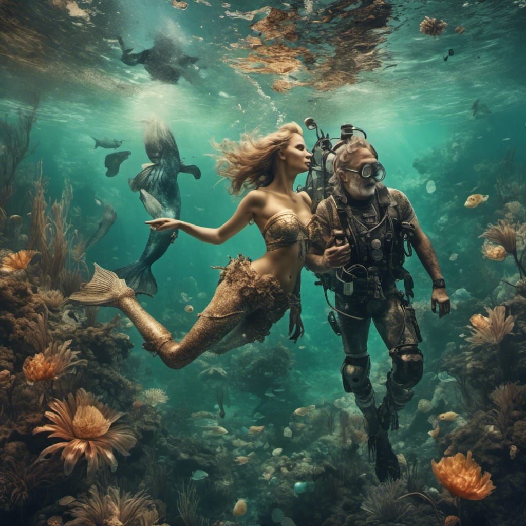 Diver and Mermaid in Hyperreal Underwater Fantasy