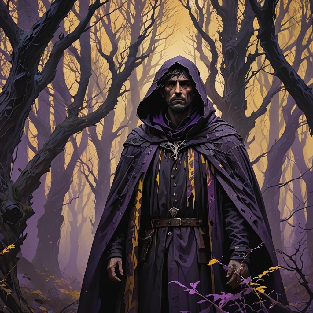 Glitchy Warlock in Mystical Forest, Art Nouveau