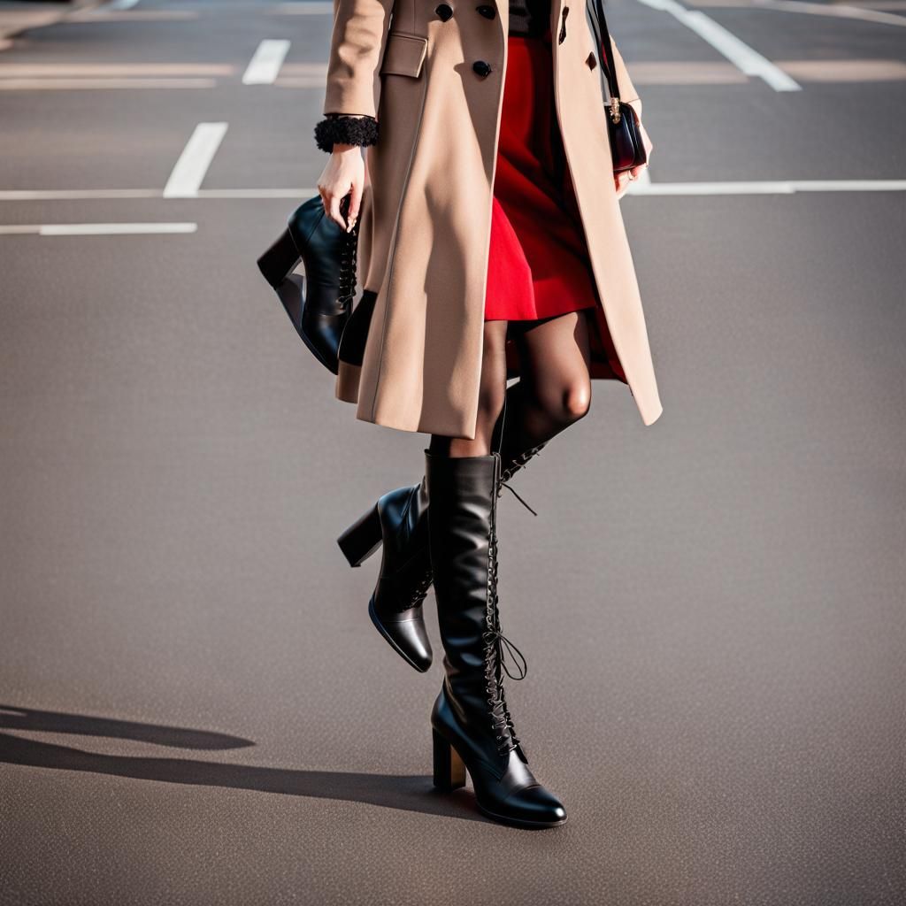 Close-Up of Black Boots and Red Skirt
