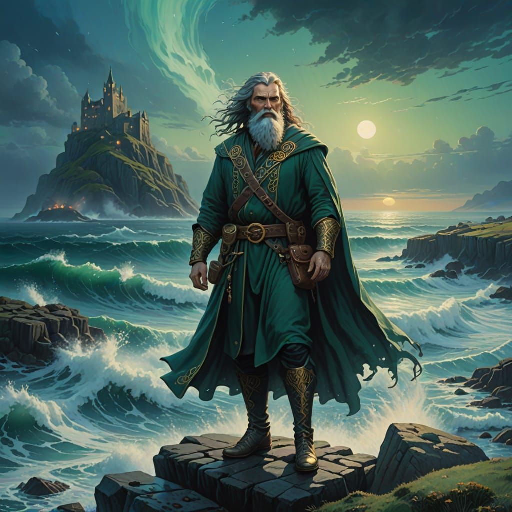 Celtic Sea God Manannan Mac Lir in Ethereal Coastal Scene