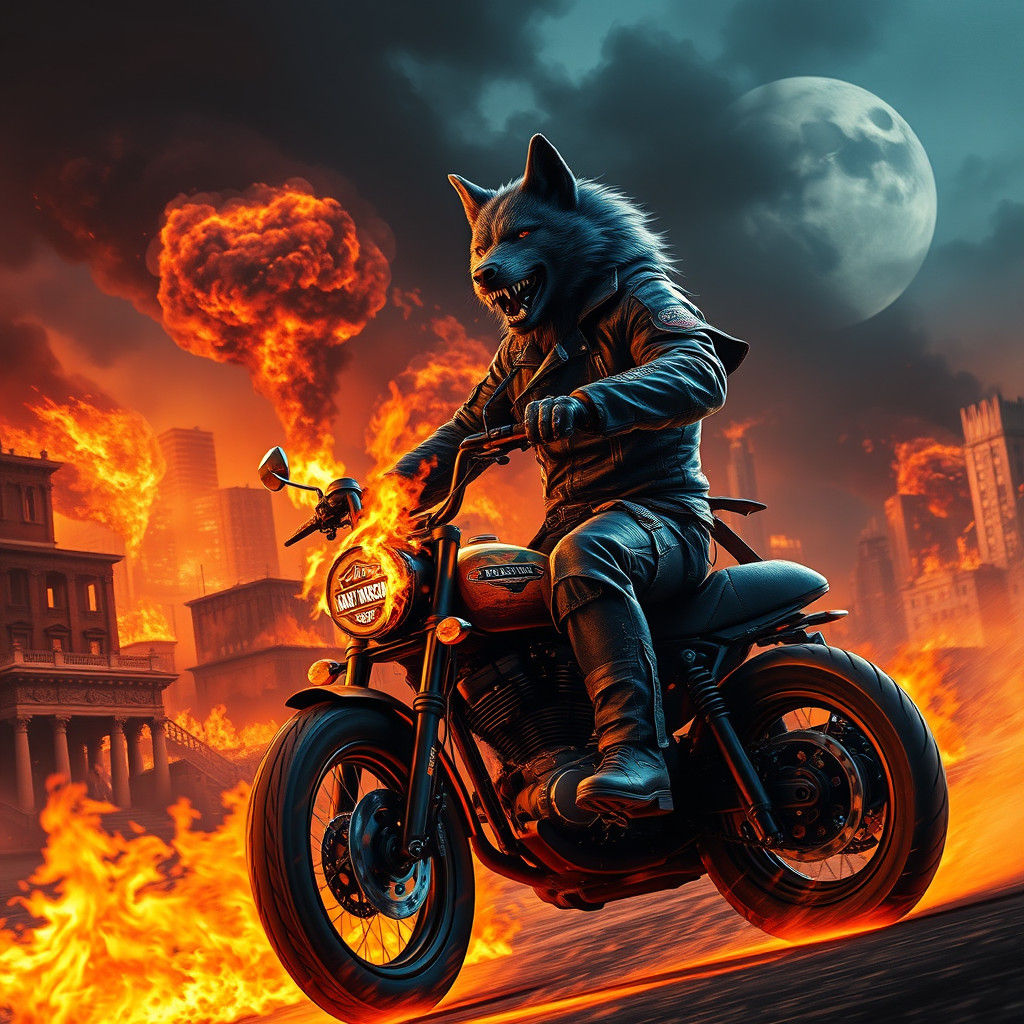 Werewolf on Burning Harley in Apocalyptic Cityscape
