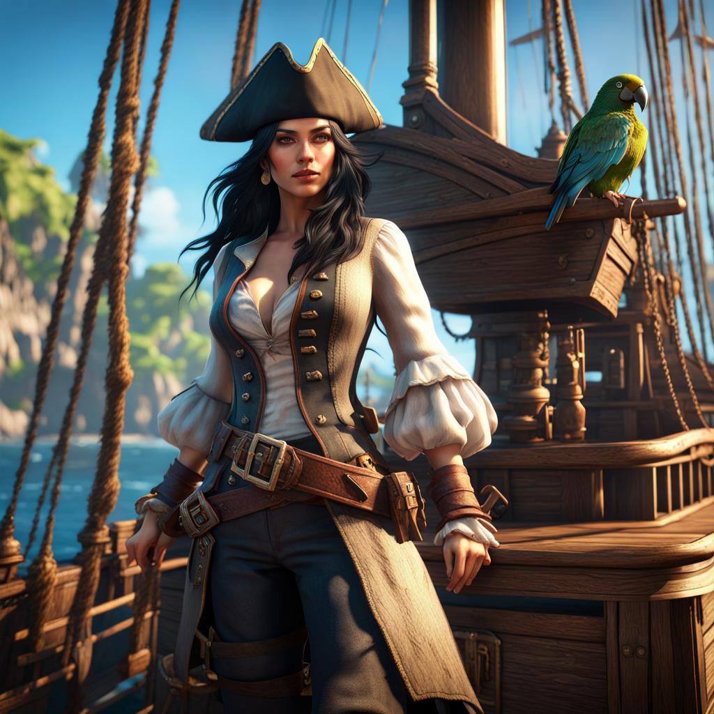 Epic Pirate Lady on Ship, 3D Game Cinematic