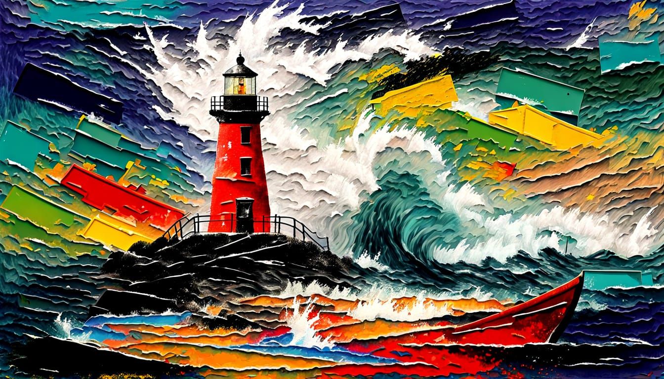 Lighthouse and Boat in Storm: Splash Art Impressionism