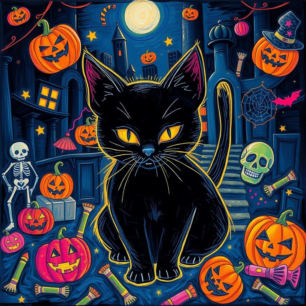 Whimsical Halloween Black Cat in Surreal Dreamscape