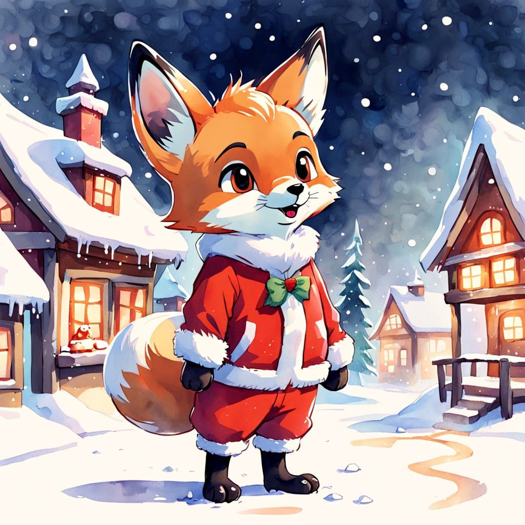Cute Fox Cub in Santa Costume, Watercolor Sketch