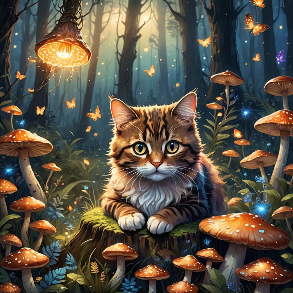 Cute Cat on Mushroom in Fantasy Forest