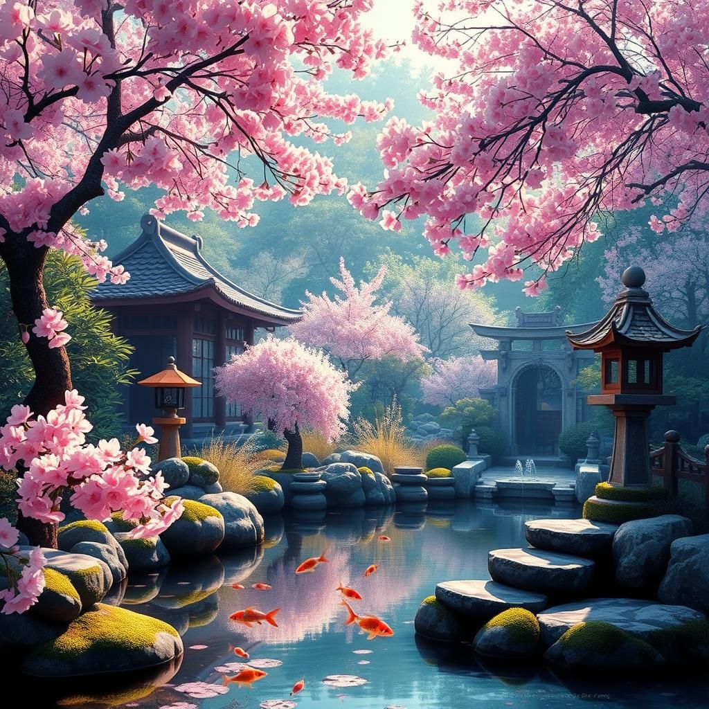 Japanese Cherry Blossom Zen Garden Digital Painting