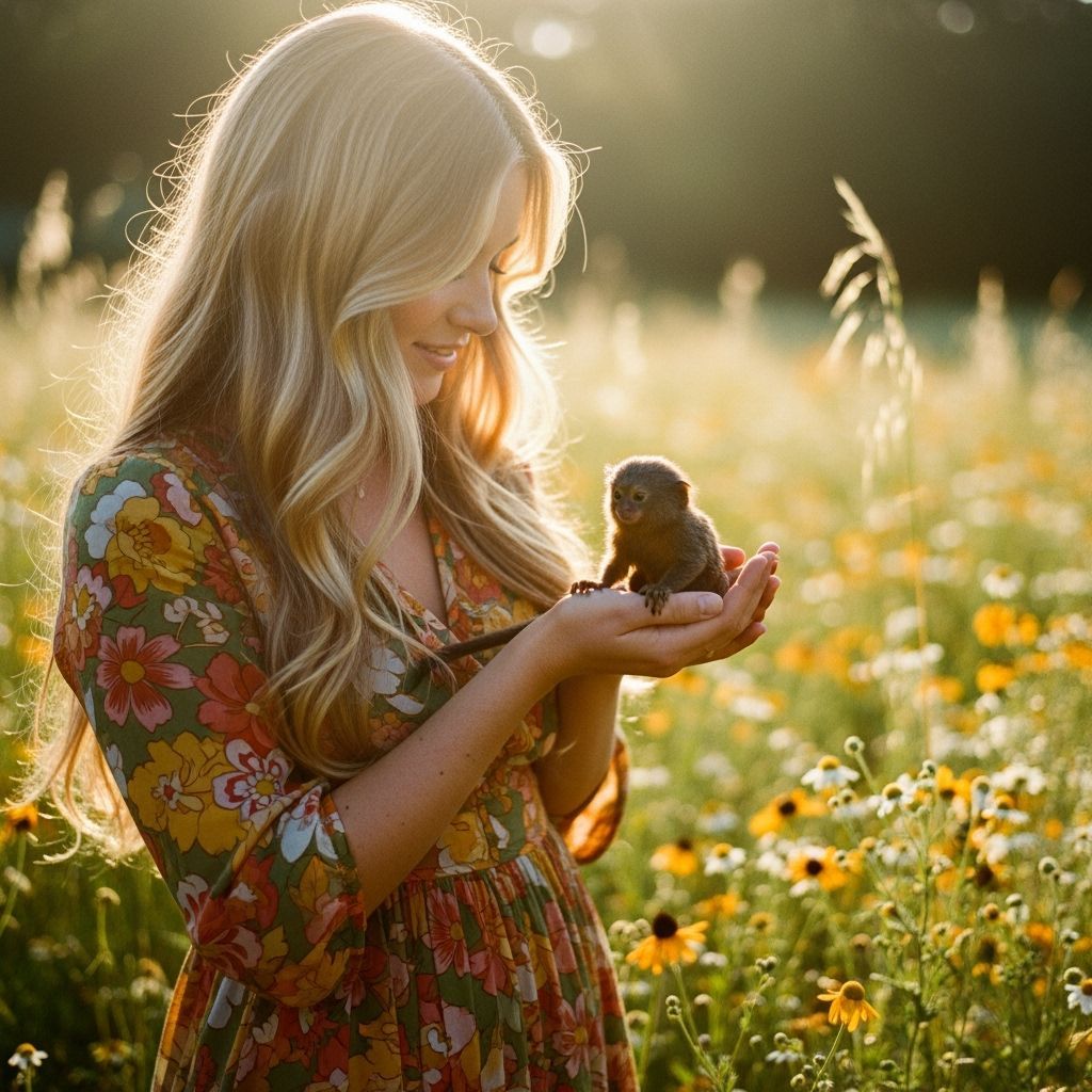 Woman with Marmoset in Sunlit Wildflower Field