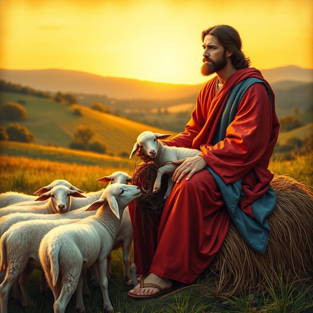 Jesus, the Good Shepherd, in a Serene Landscape with Freed L...