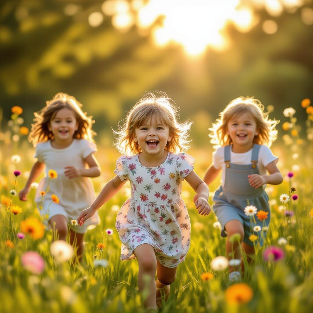 Joyful Children Play in Sunlit Meadow, Whimsical Style