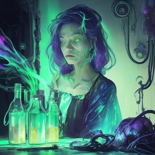 Alien Alchemist Creates Glowing Potions in Surreal Style