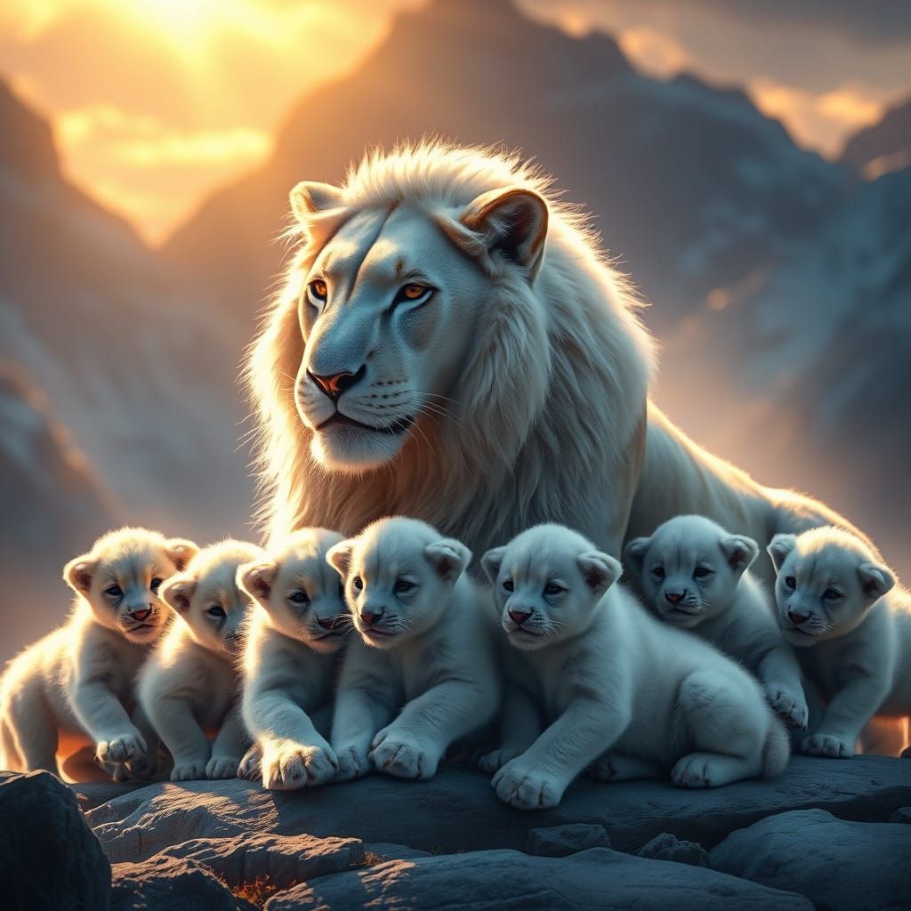 Regal Snow Lioness Surrounded by Adorable Pups in Mystical M...
