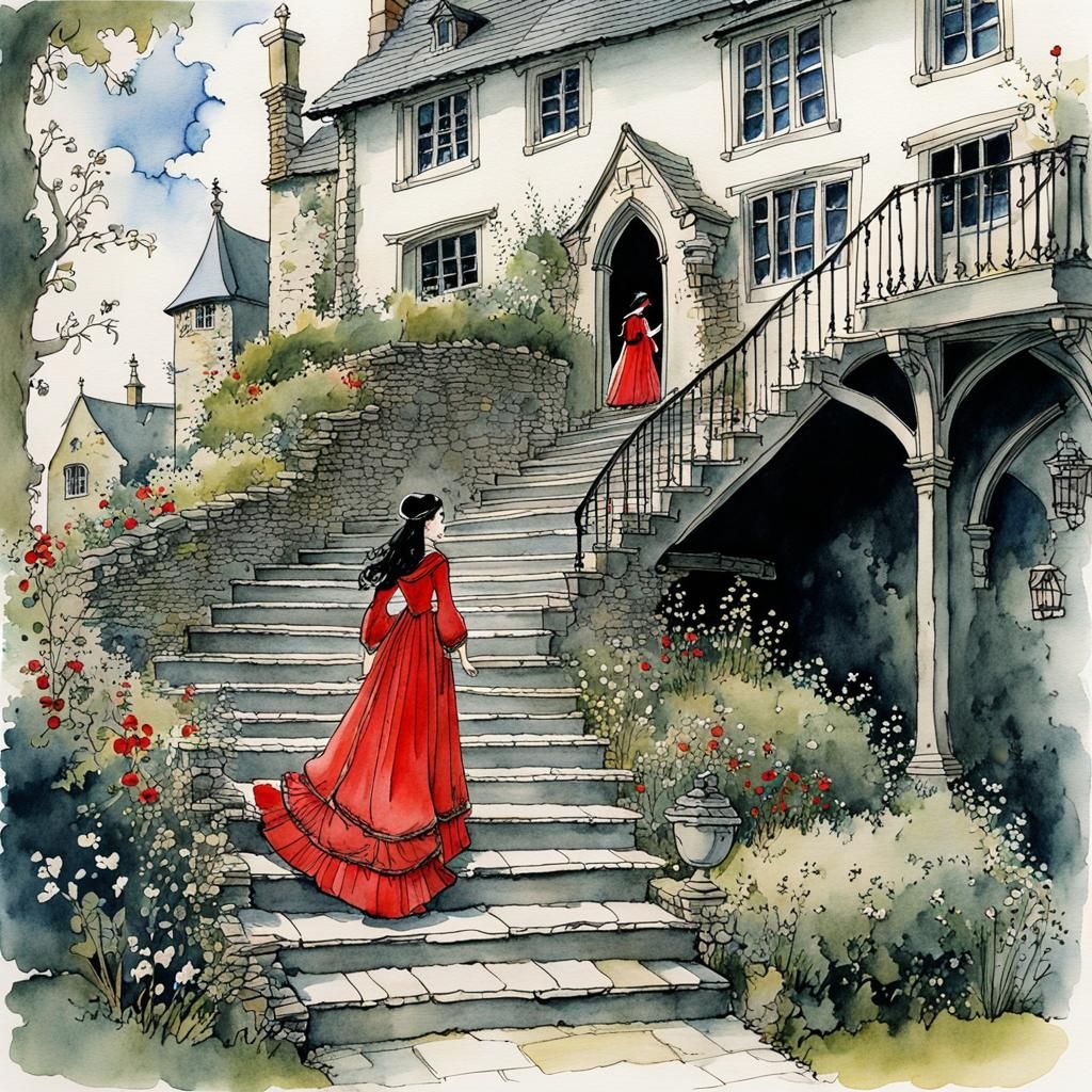 Medieval Woman Descending Stairs: Storybook Illustration