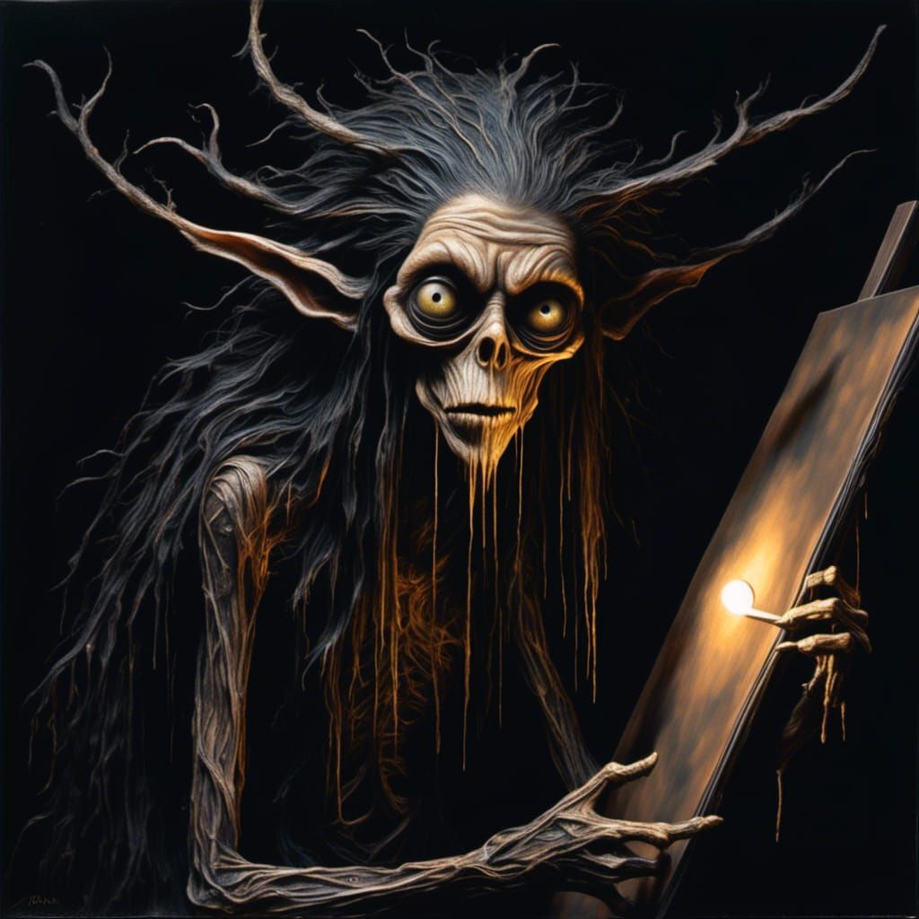 Menacing Forest Hag Painting with Golden Highlights