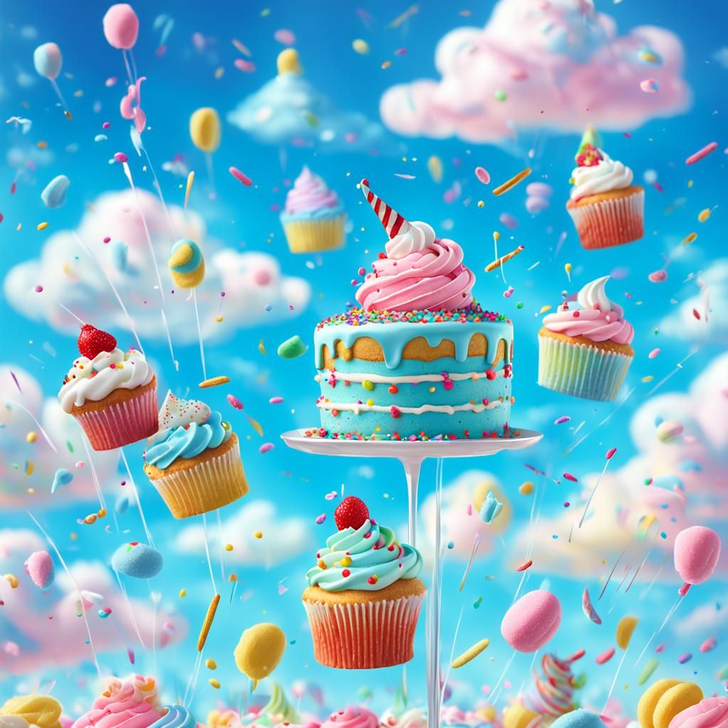 Fantasy Cakes Fall from a Bright Blue Sky in Whimsical Comic...