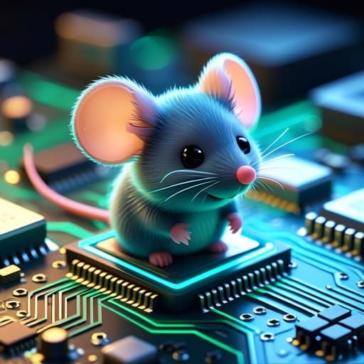 Adorable Chibi Circuit Mouse on Circuit Board