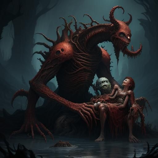 Mother Nursing a Monster: Detailed Fantasy Art