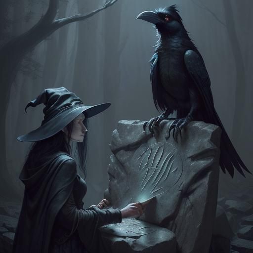 Witch and Raven Decipher Riddle in Moonlit Forest