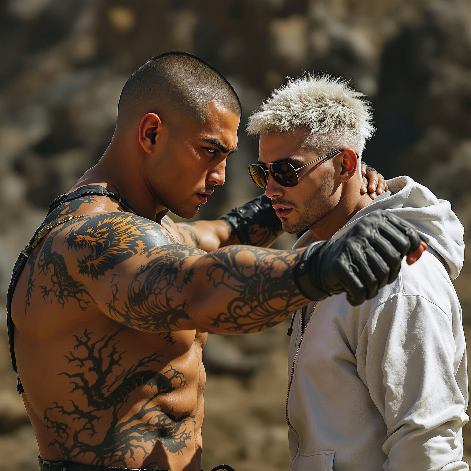 Asian Warrior Defends Companion in Dark Fantasy Art