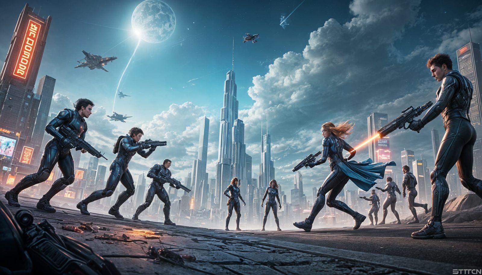 stunning sci-fi scene set in a futuristic cityscape. The cit...