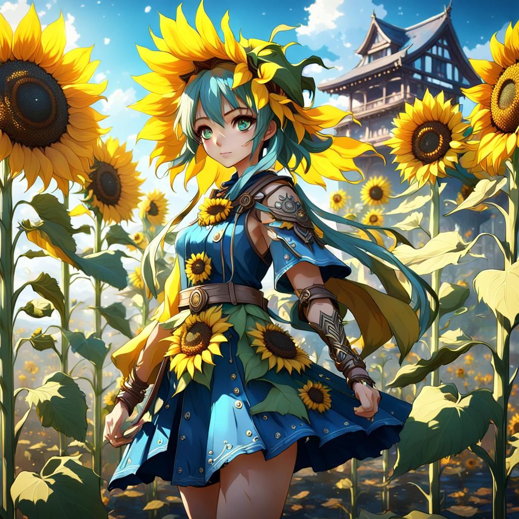 Anime Sunflower Girl in Detailed Matte Painting