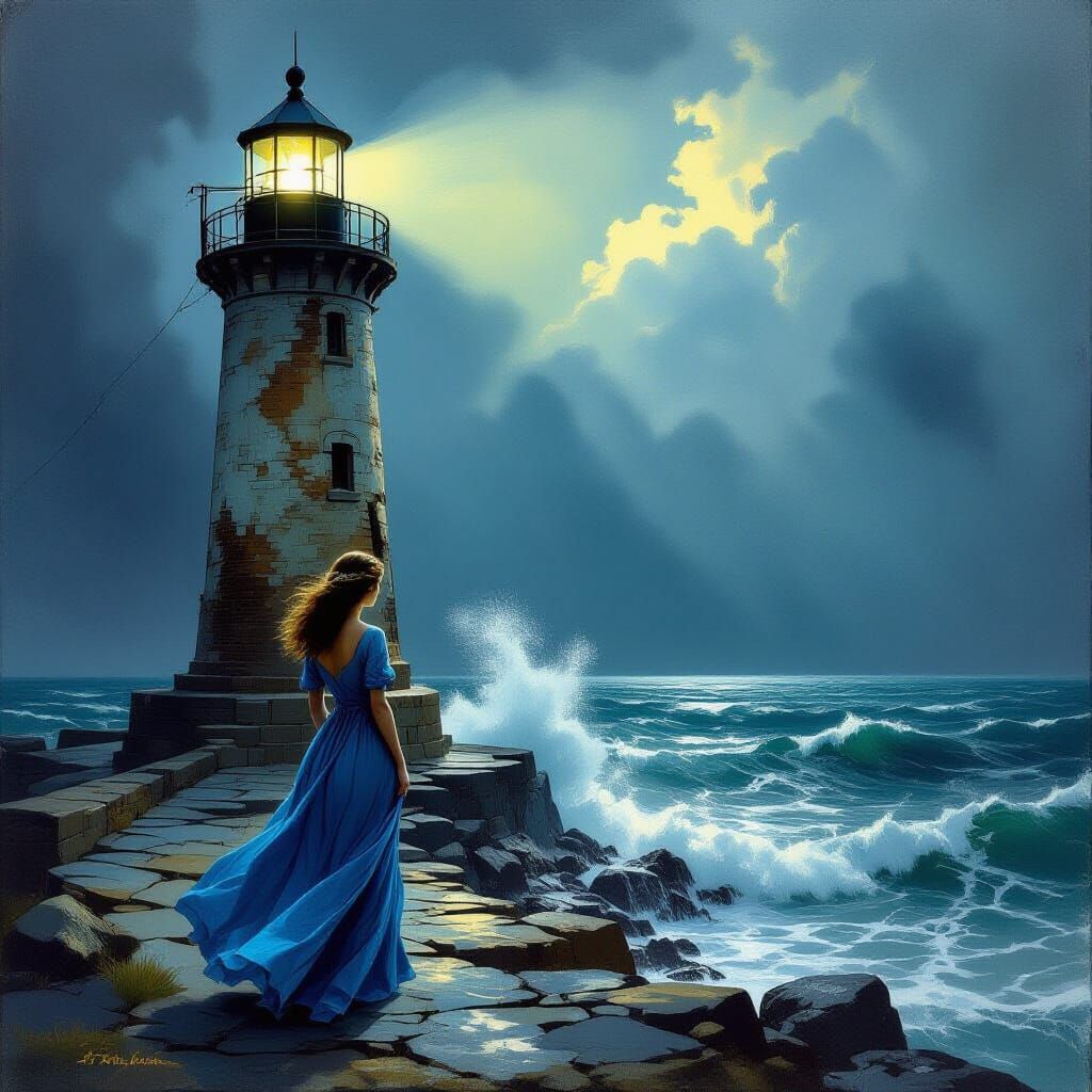 Jugendstil Girl at Lighthouse Against Stormy Sea