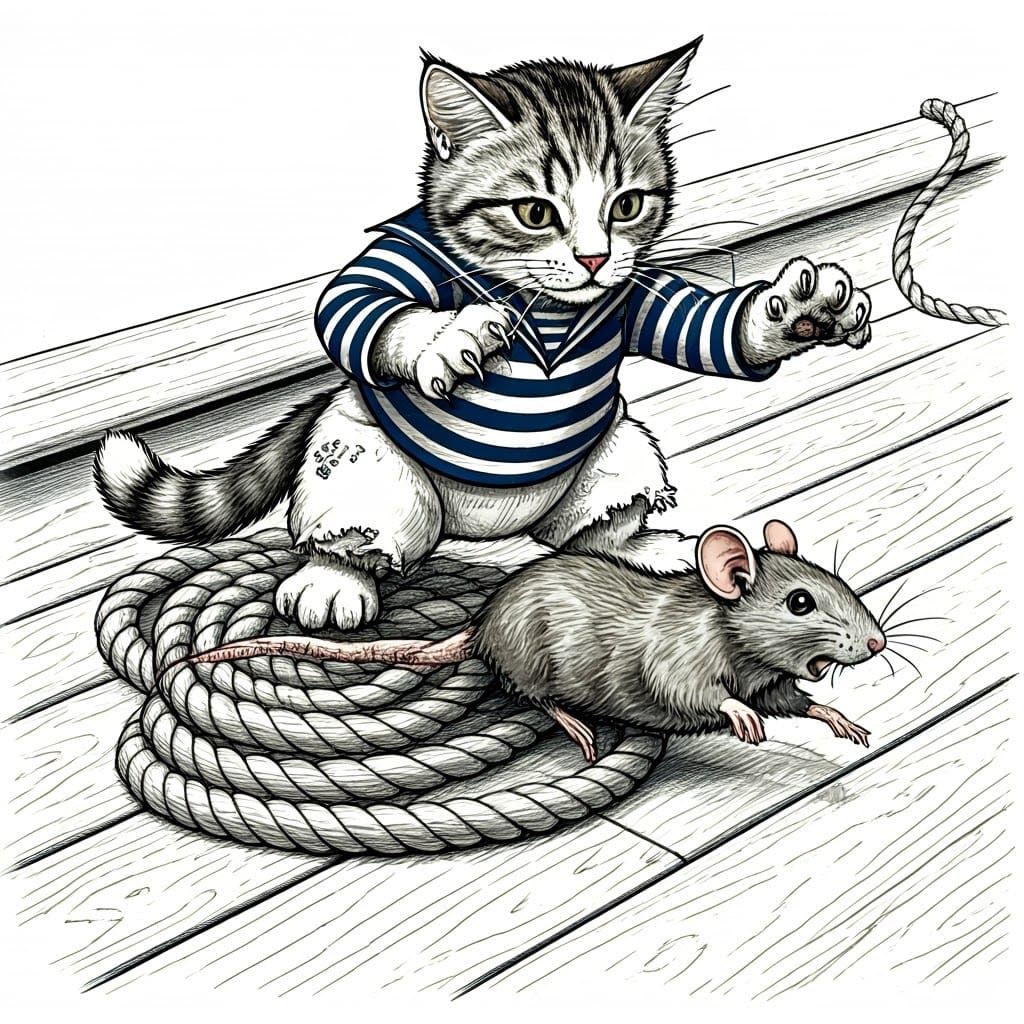 Fierce Feline Sailor Pounces on Frantic Rat in Whimsical Nau...