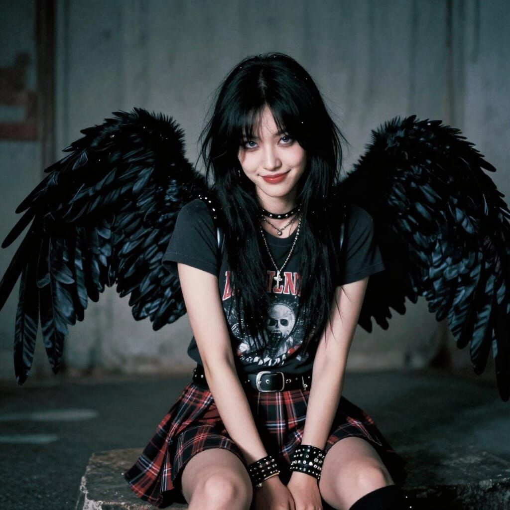 Punk Rock Angel Poses in Band T-Shirt