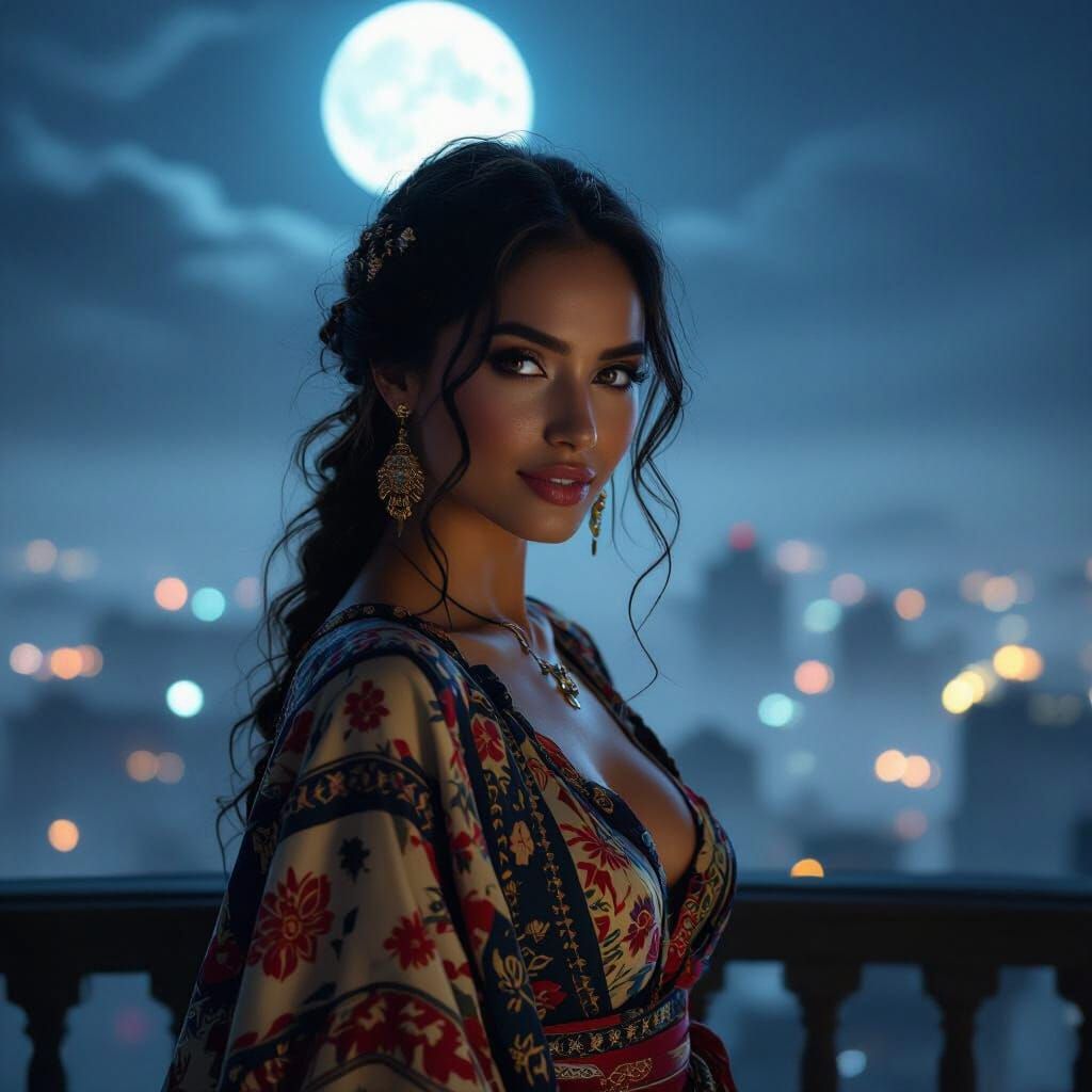 Latina Woman on Moonlit Balcony in Ethereal Fantasy Style