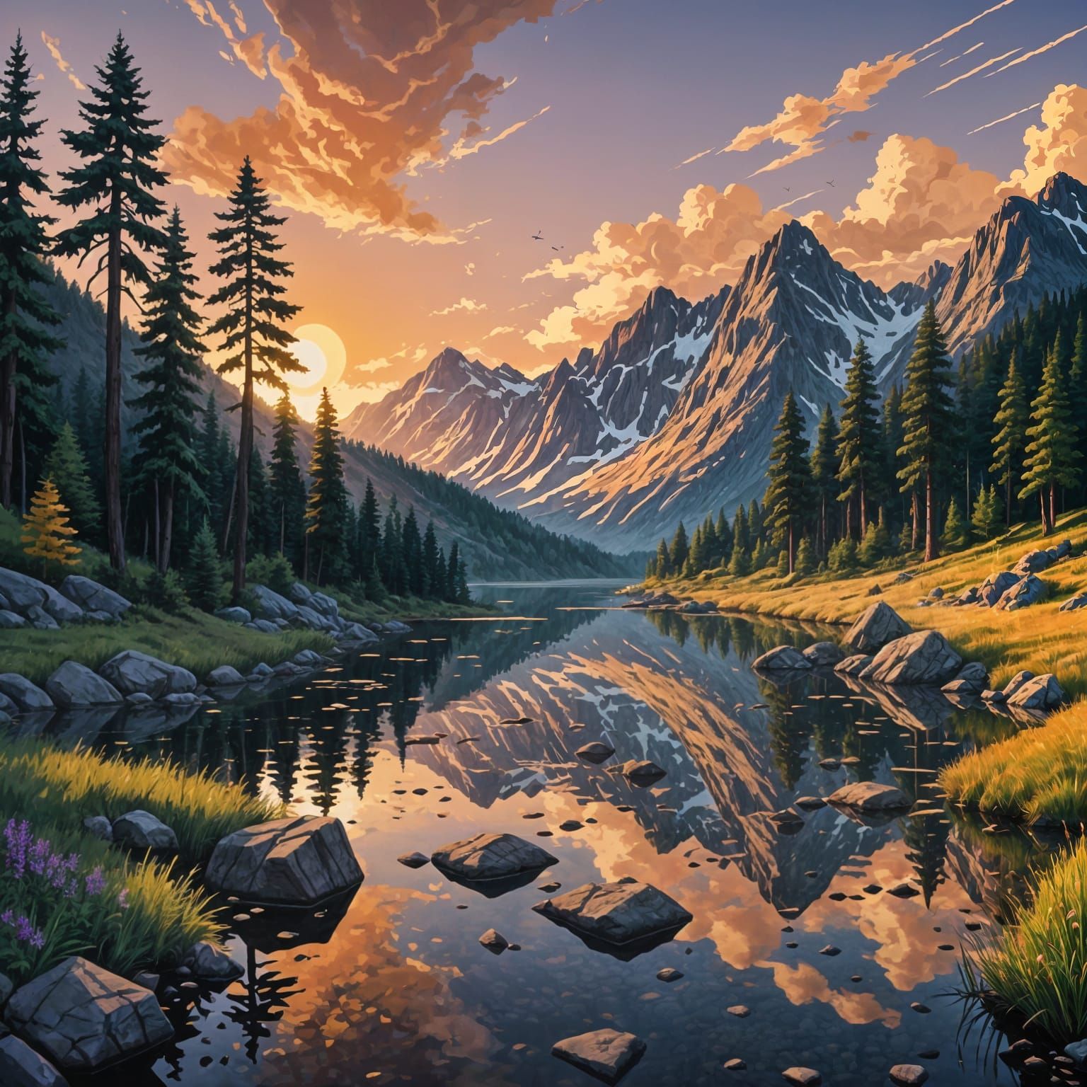 Alpine Sunset Serenity in Vibrant Pixel Art