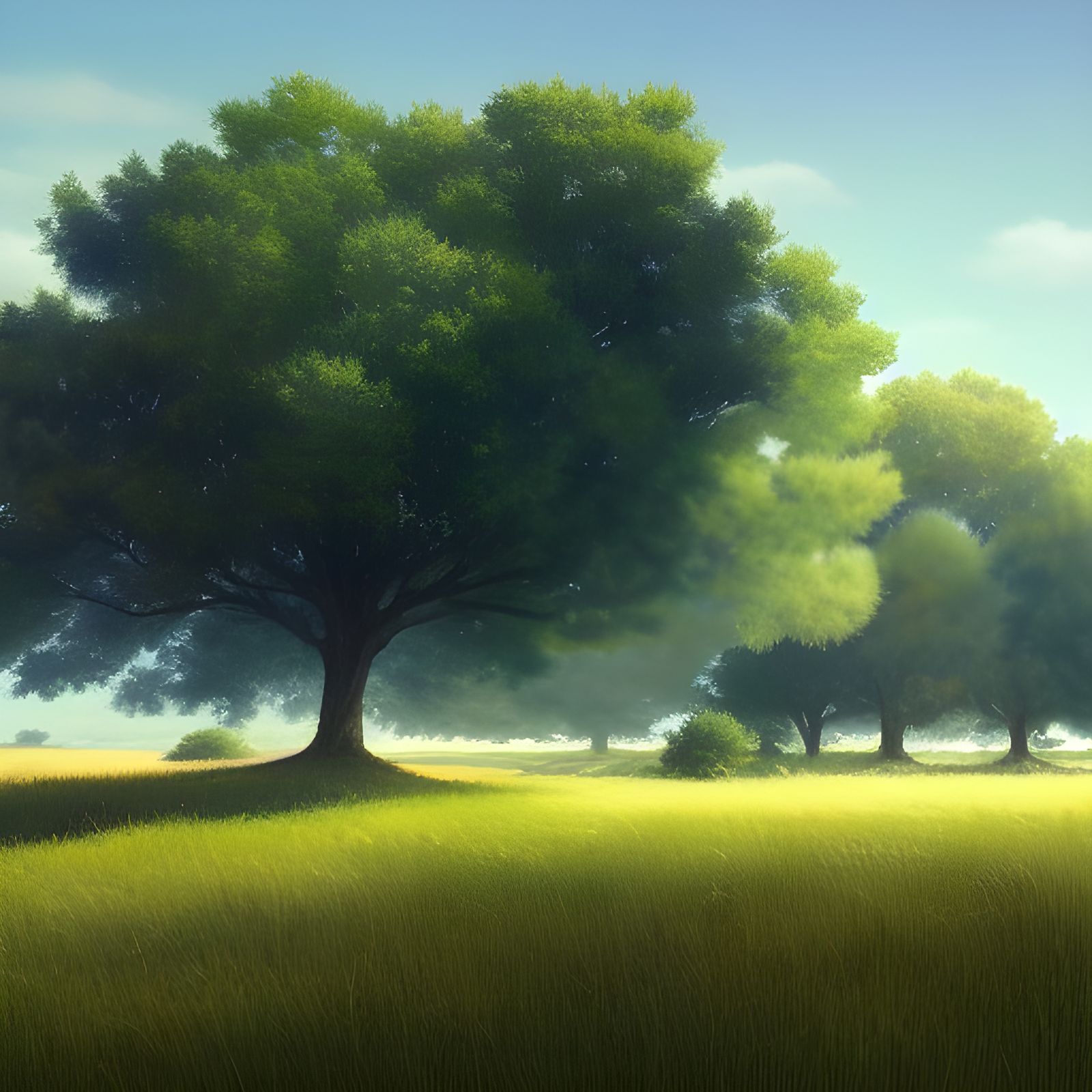 Lush Grassy Plain Under Blue Sky: Photorealistic Art