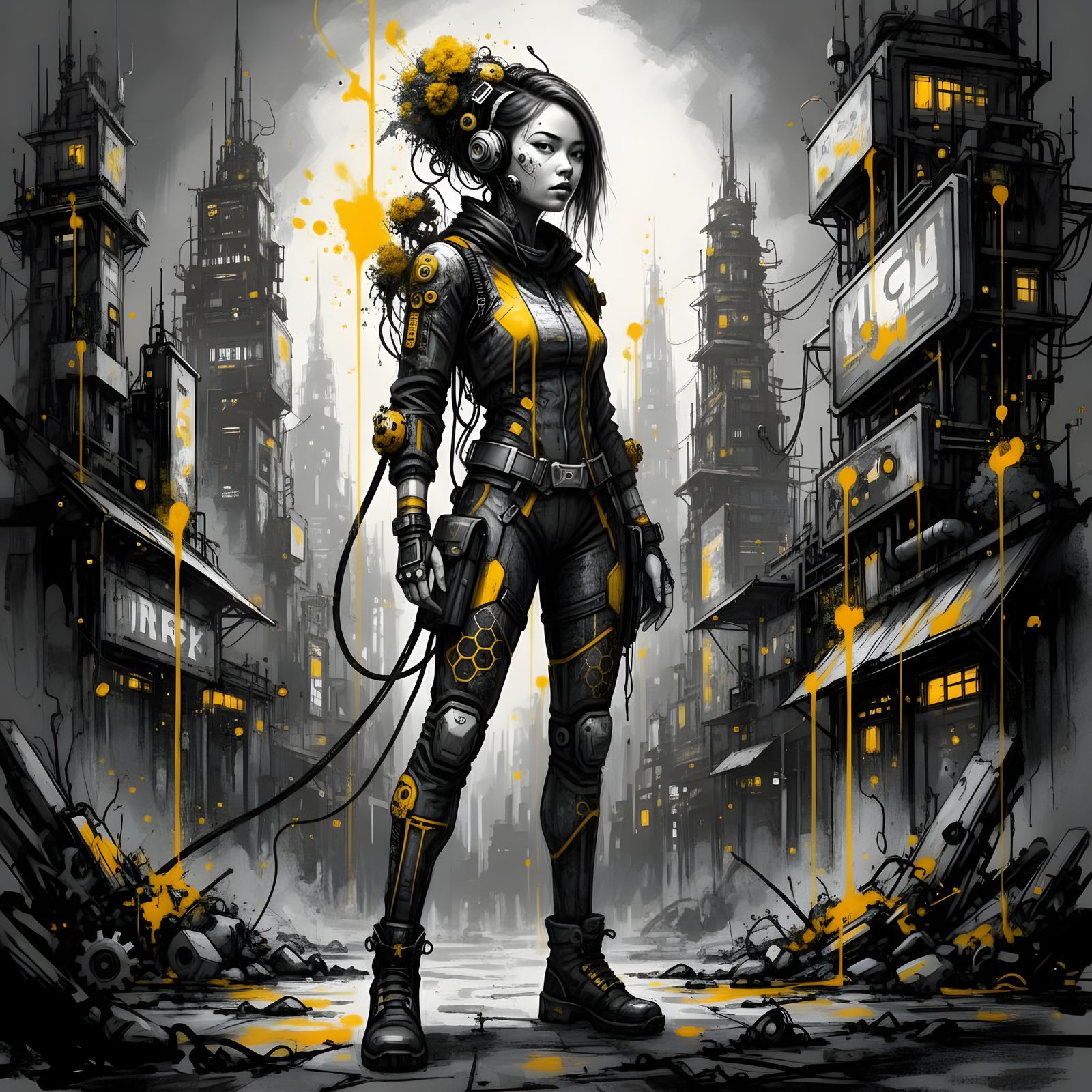 Cyberpunk Bee Girl in Ink and Charcoal Style
