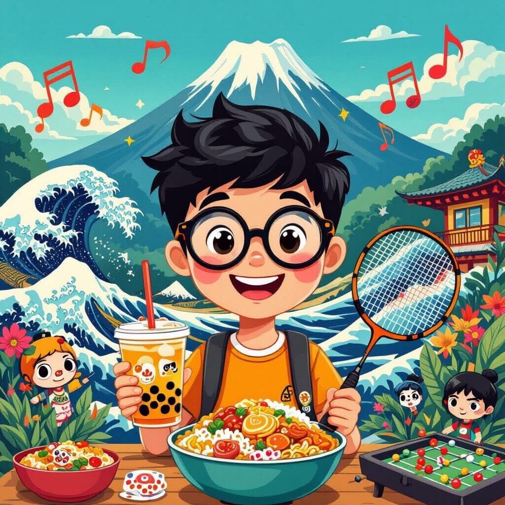 Singaporean Boy with Bubble Tea, Bali Mountains, and Music N...