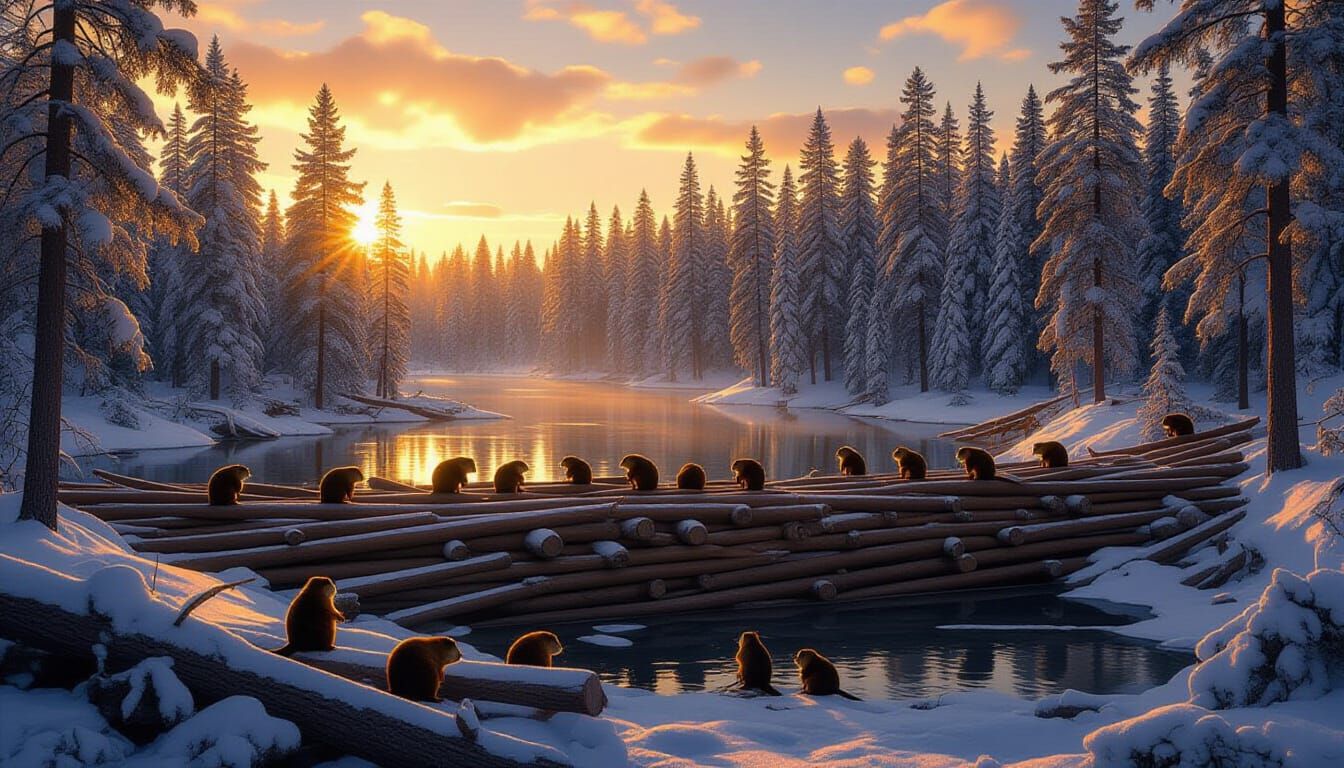 Supermassive Beaver Dam in Ancient Pine Forest at Magic Hour