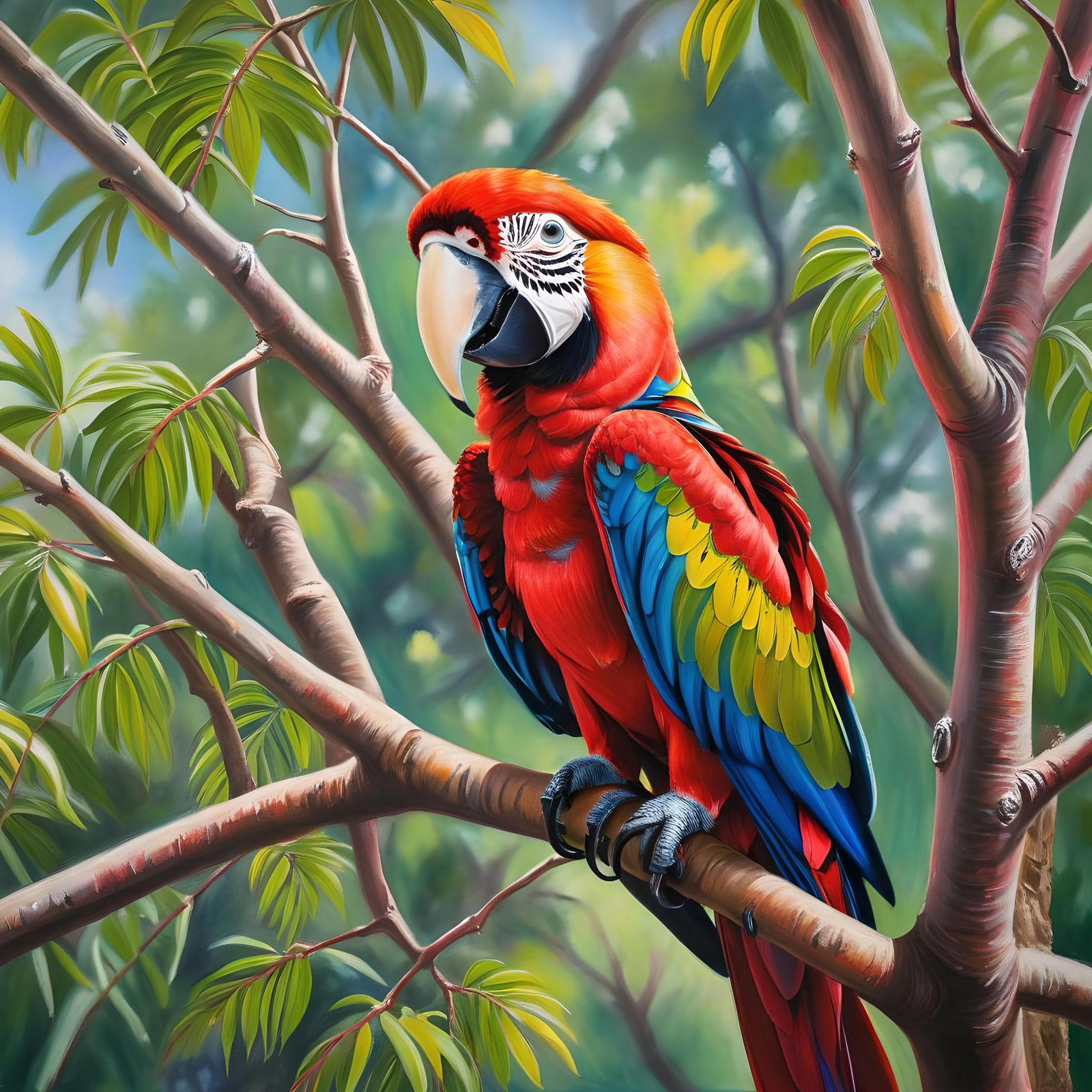 Colorful Red Macaw Portrait in Oil Pastel