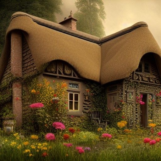 Enigmatic Cottage Painting in Overgrown Village