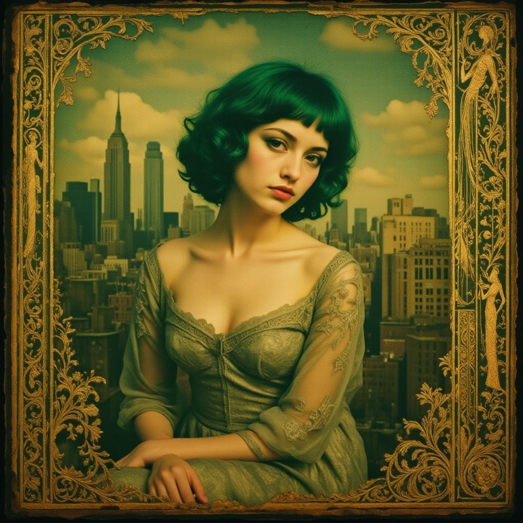 Victorian Woman With Green Hair in Ornate Frame