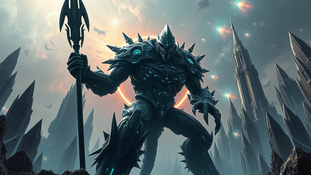 Colossal Obsidian Titan in Futuristic Alien City