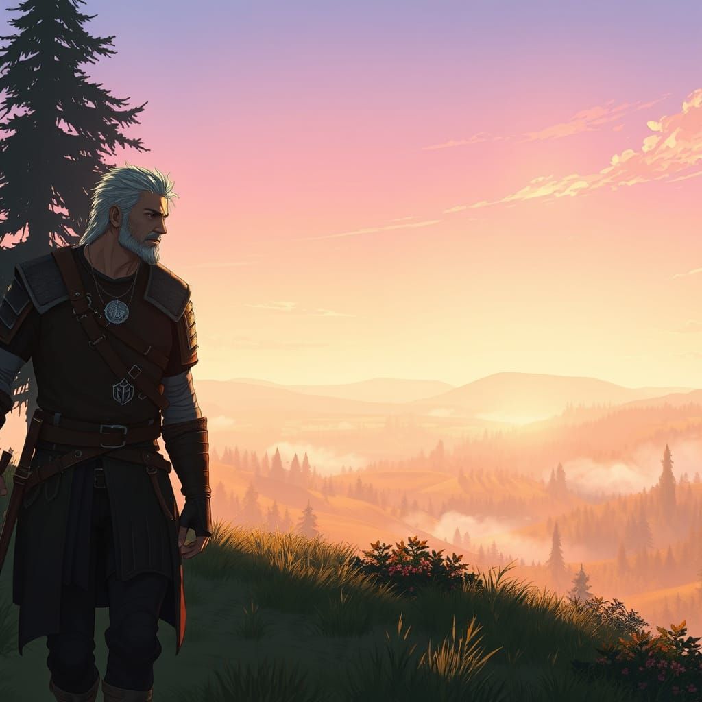 Geralt Walks in Cat School Armor Under Dawn's Soft Glow