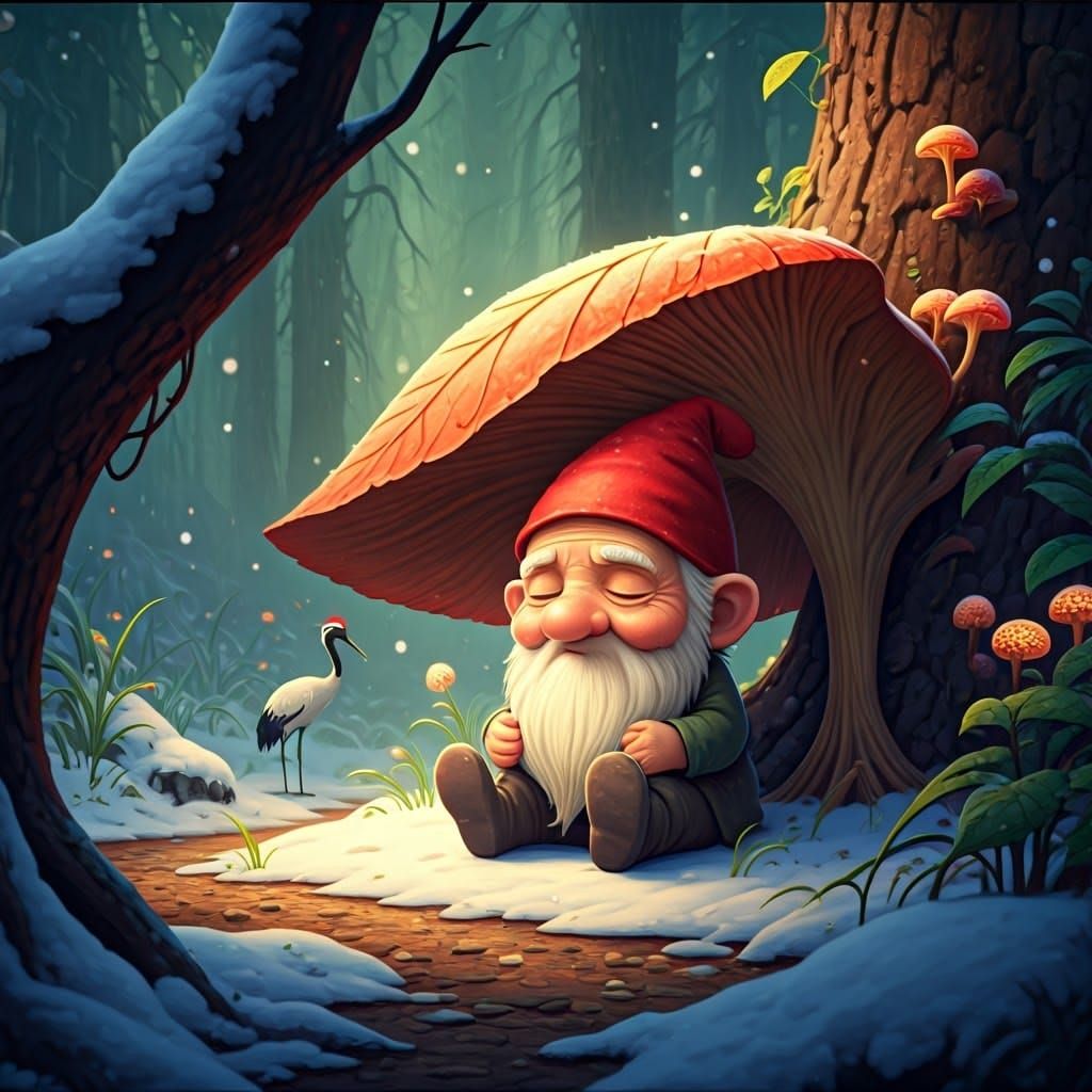 Gnome Sheltering Under Leaf in Winter Wonderland