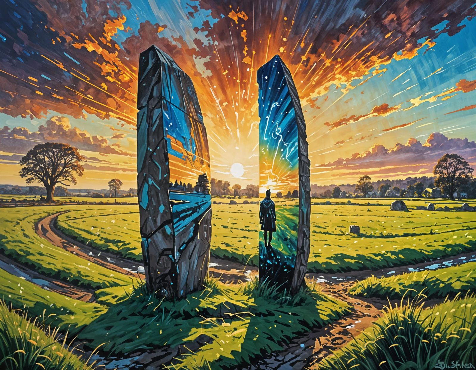 Mystical Standing Stone Under Aurora Borealis