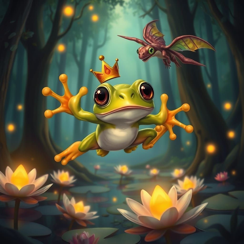 Shocked Frog and Dragon in Mystical Forest