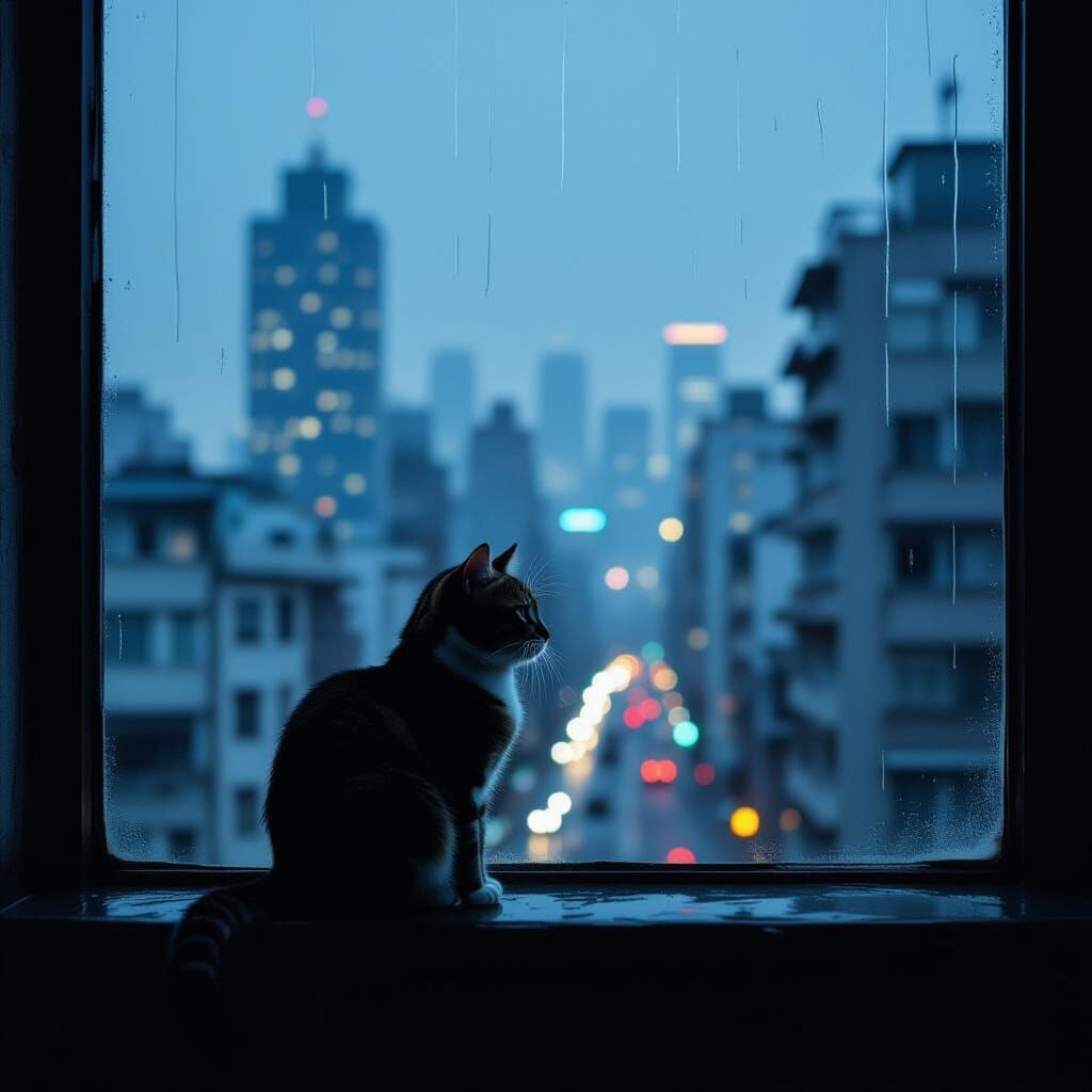 Cat Silhouetted on Rainy Ledge, Melancholic Cityscape